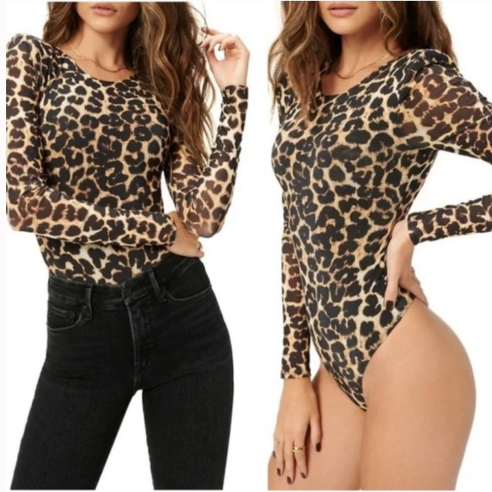 Good American Mesh Power Bodysuit Leopard Print New Size 3